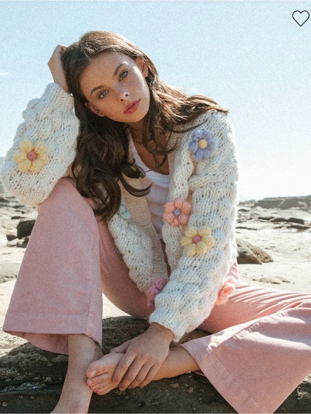 Ghanda Cozy Cream Chunky Knit Cardigan with Pastel Flower Appliqués